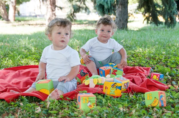 Meninos gêmeos com brinquedos — Fotografia de Stock