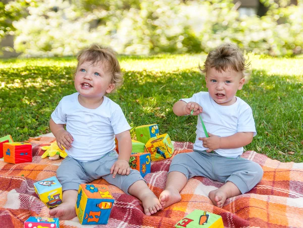 Děti dvojčata s hračkami v přírodě — Stock fotografie