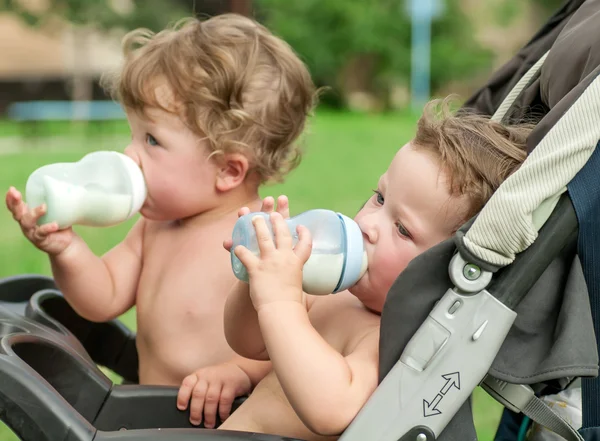 Близнецы пьют молоко — стоковое фото