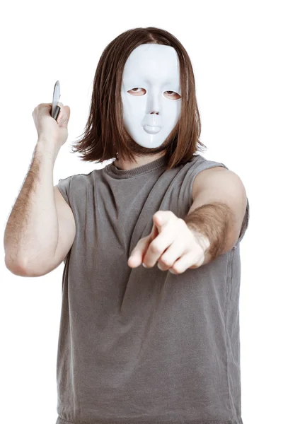 Scary masked man with knife pointing — Stock Photo, Image