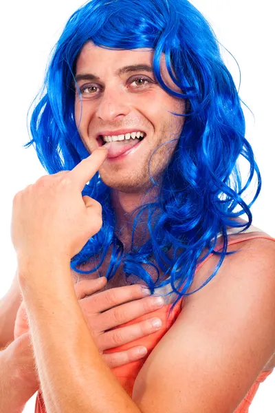 Grappige travestiet in blauwe pruik — Stockfoto