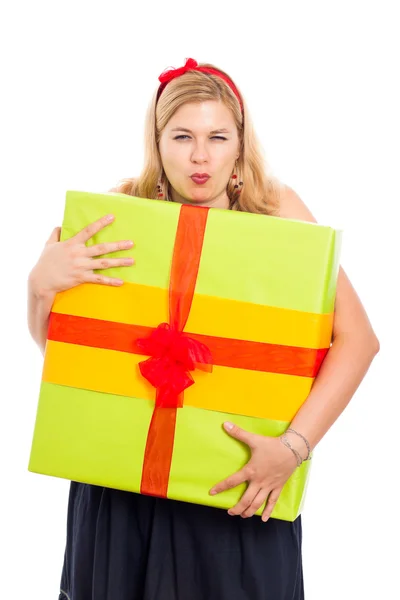 Greedy woman with gift — Stock Photo, Image