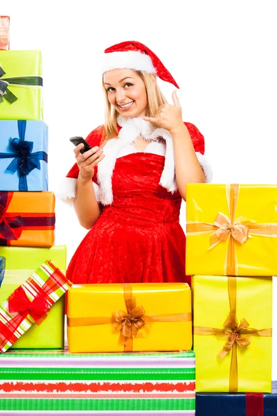 Happy female Christmas Santa on the phone — Stock Photo, Image