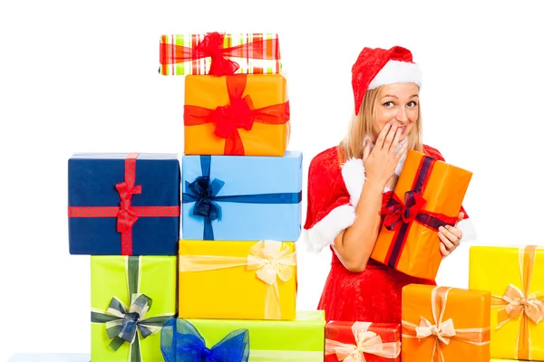 Cute funny female Christmas Santa with gift — Stock Photo, Image