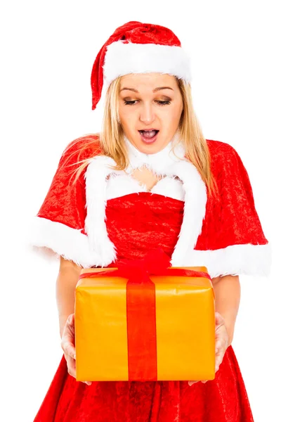 Surprised female Santa with Christmas gift — Stockfoto