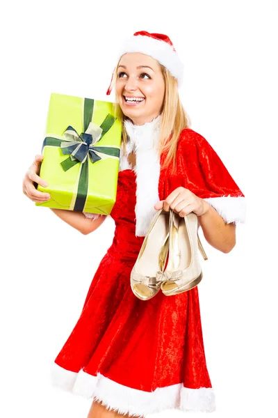 Feliz Navidad femenina Santa con regalo y zapatos —  Fotos de Stock