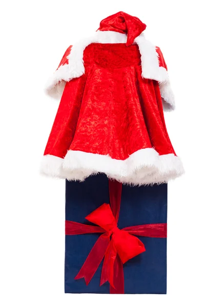 Christmas Santa costume and gift box — Stock Photo, Image