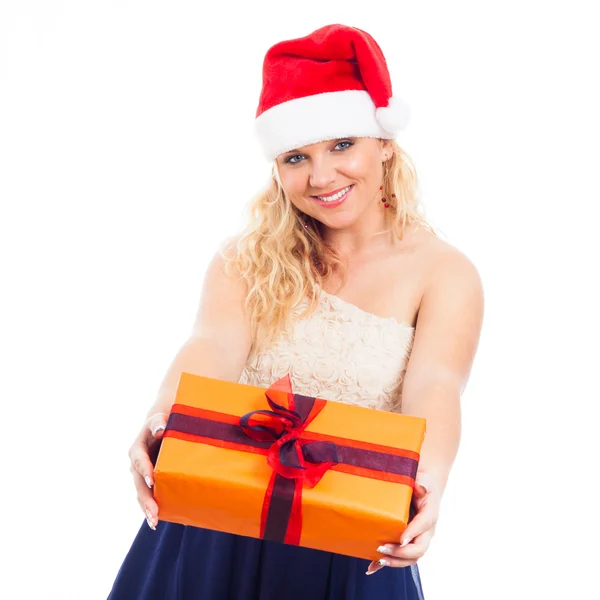 Attractive happy woman Santa with Christmas gift — Stock Photo, Image