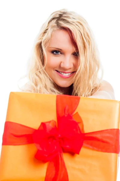 Beautiful woman with gift box — Stock Photo, Image