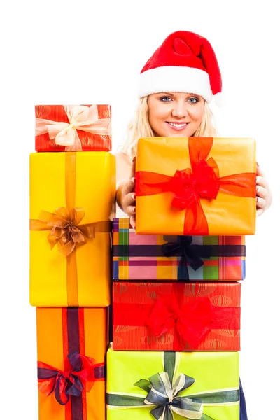 Attractive happy Santa woman with Christmas gift — Stock Photo, Image