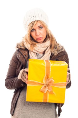 Unhappy woman with gift box clipart