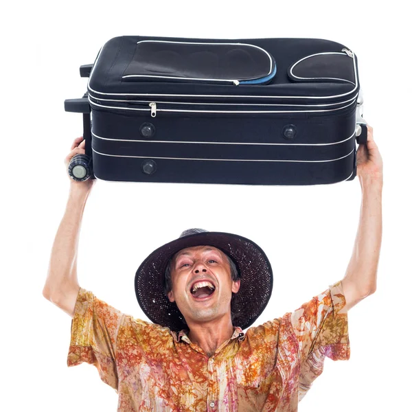 Ecstatic happy traveller with luggage — Stock Photo, Image