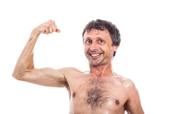 Funny man showing biceps — Stock Photo, Image