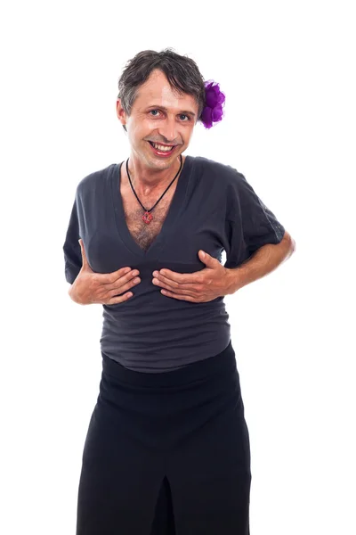 Happy drag queen holding his breasts — Stock Photo, Image