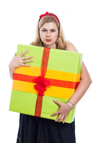 Greedy woman with present — Stock Photo, Image