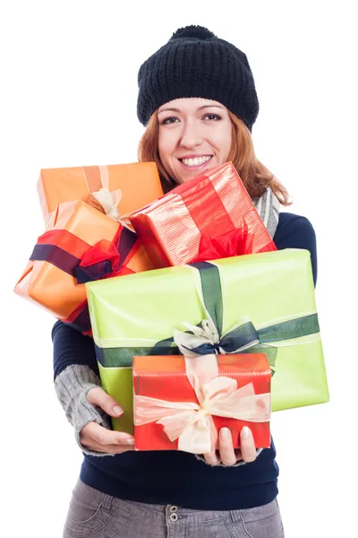 Mulher feliz inverno com muitos presentes — Fotografia de Stock