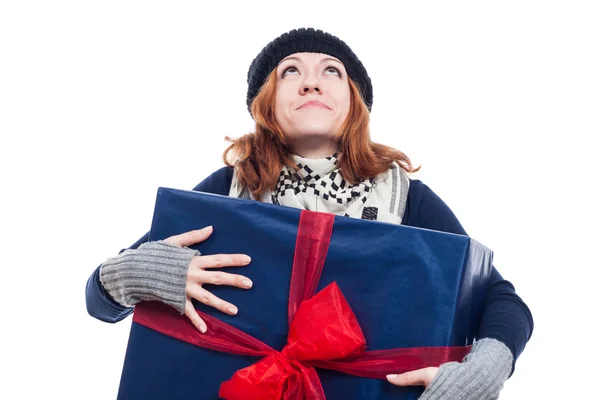 Thankful woman with big present — Stock Photo, Image