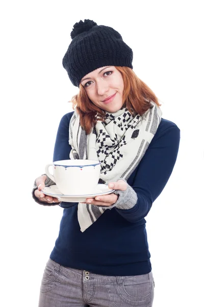 Winterfrau mit einem Becher Kaffee — Stockfoto