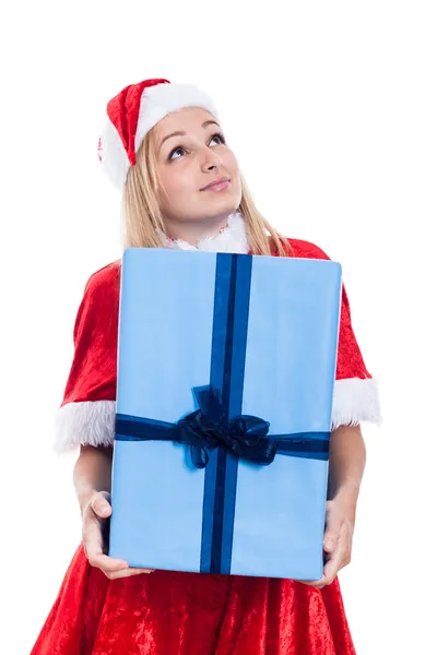 Dankbaar Kerstmis vrouw met grote heden — Stockfoto