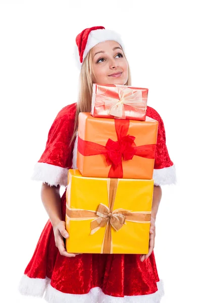 Grato Natal mulher segurando presentes — Fotografia de Stock