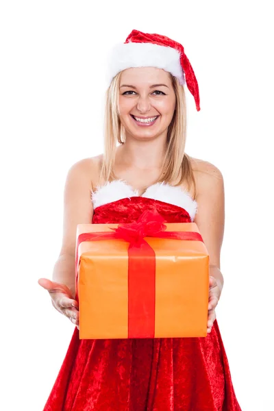 Ecstatic Christmas woman with present Stock Photo