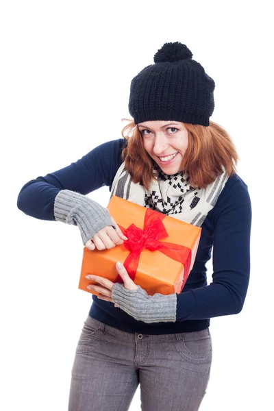 Happy woman opening present — Stock Photo, Image