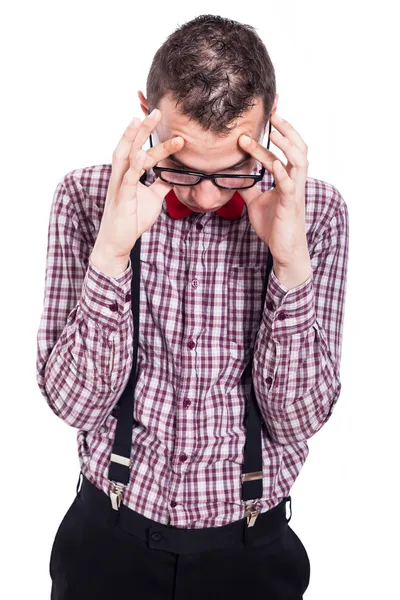 Nerd-Mann mit Kopfschmerzen — Stockfoto