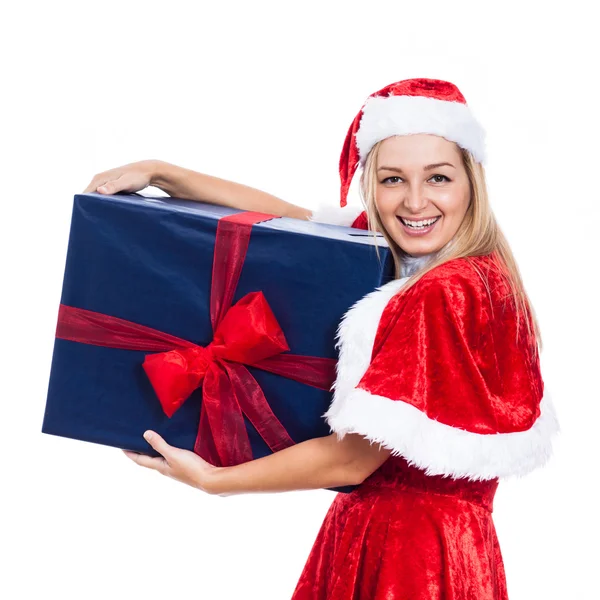 Mujer alegre de Navidad con gran regalo — Foto de Stock