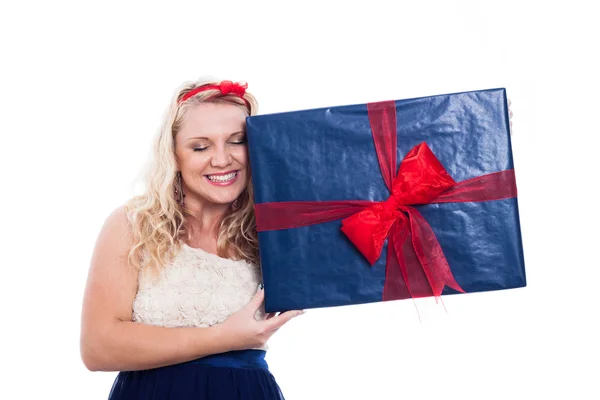 Happy woman with big present — Stock Photo, Image