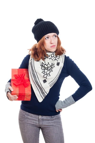 Serious woman with present — Stock Photo, Image