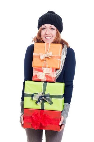 Cheerful woman with many presents — Stock Photo, Image