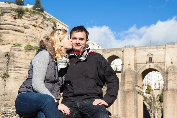 Couple in love enjoying sunny autumn day in Ronda — Stock Photo, Image