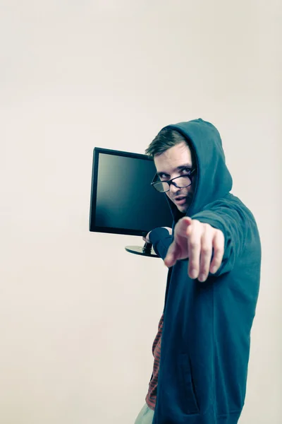 Man with monitor pointing