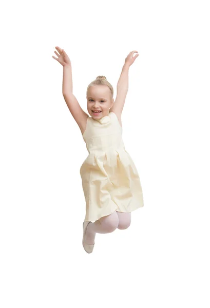 Atrakcyjny dziewczynka w locie ze szczęścia na białym tle — Zdjęcie stockowe