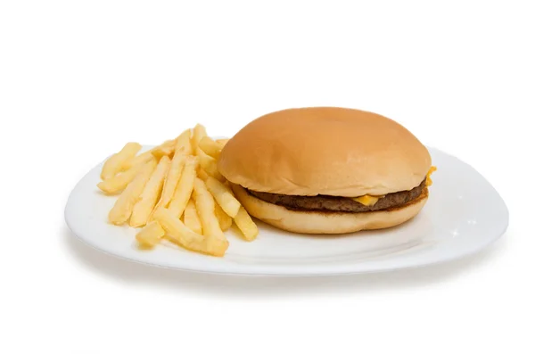 Cheeseburger on dinner plate with french fries isolated on white — Stock Photo, Image