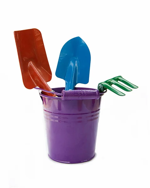 Garden bucket with gardening tools isolated on white — Stock Photo, Image