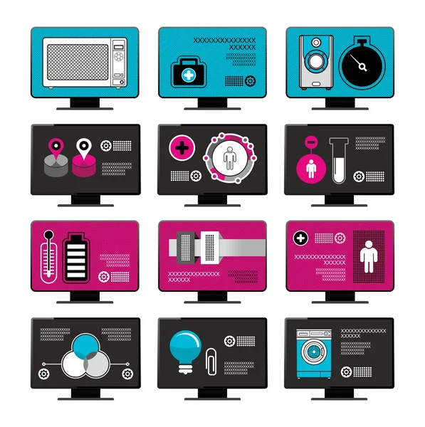 Infográficos de revistas em monitores — Vetor de Stock