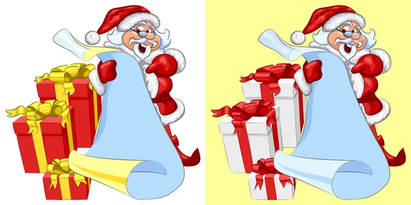 Vector Papai Noel com um pergaminho e presentes de Natal — Vetor de Stock