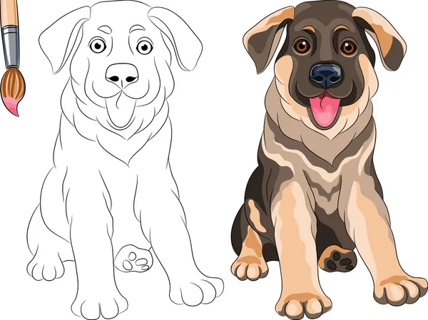 Vector Coloring Book of smiling Puppy dog German shepherd — Stock Vector