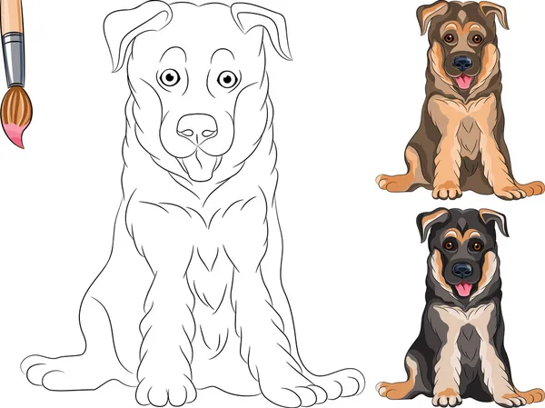 Vector Coloring Book of smiling Puppy dog German shepherd — Stock Vector