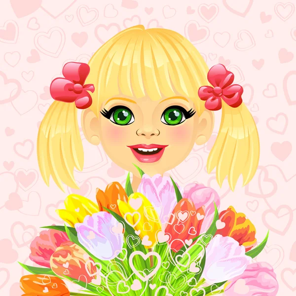 Vector pretty sweet girl with a festive bouquet of flowers — Stock Vector