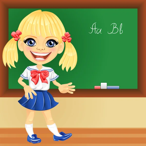 Vector lachende schoolmeisje in de buurt van blackboard — Stockvector