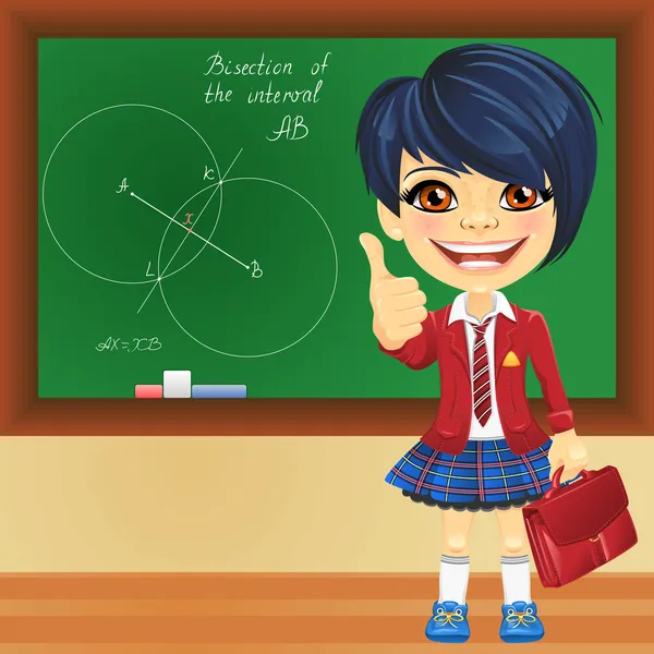 Vector smiling schoolgirl near blackboard — Stock Vector