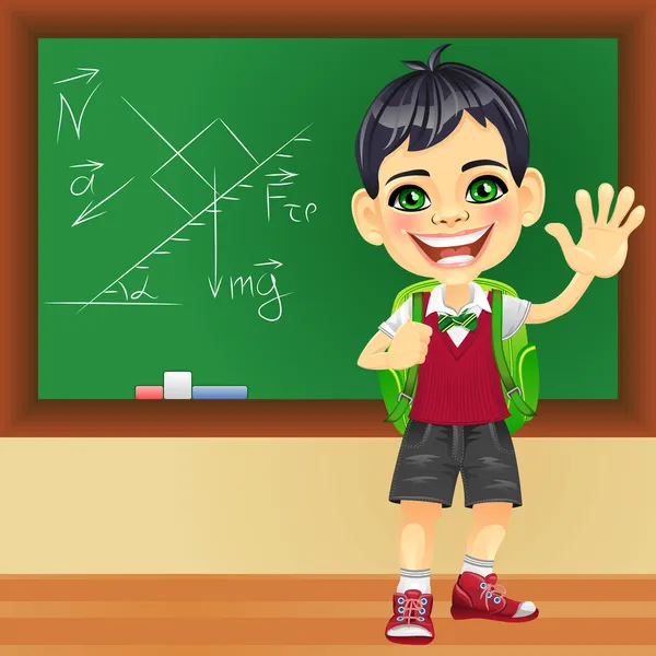 Vektor leende skolpojke nära blackboard — Stock vektor