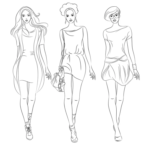 Vector hermosas chicas de moda top modelos en vestidos — Archivo Imágenes Vectoriales