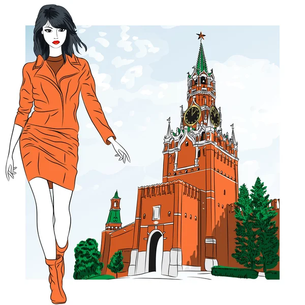 Croquis vectoriel de la jolie fille de la mode à Moscou — Image vectorielle