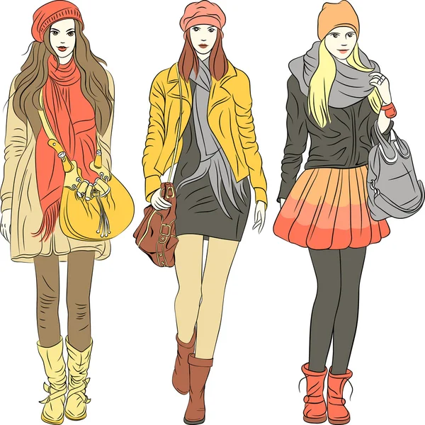 Moda vectorial chicas con estilo en ropa de abrigo — Vector de stock