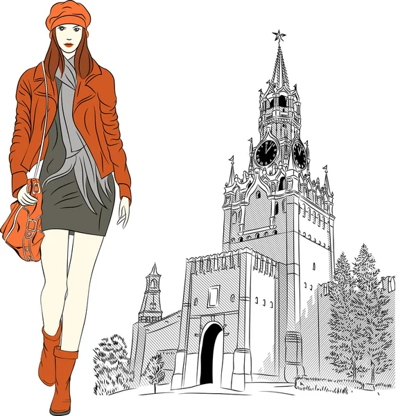 Vector sketch of the lovely fashion girl in Moscow — Stock Vector