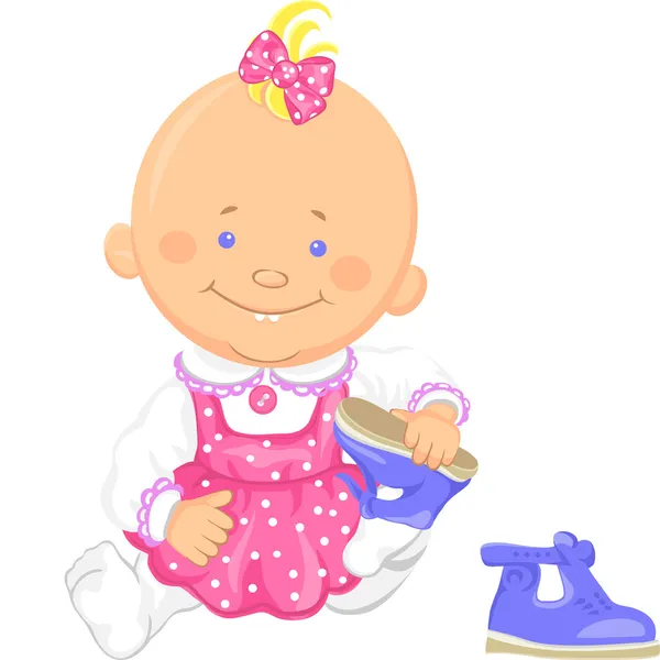 Vecteur mignon bébé fille apprend à mettre sur son chaussures — Image vectorielle