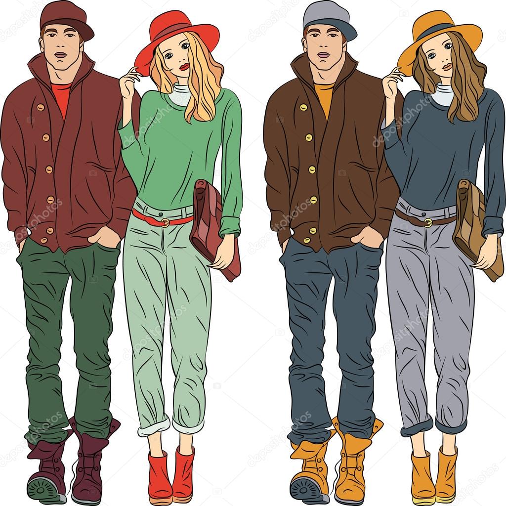 Download - Set fashion stylish guy and girl in spring clothes in two colors...